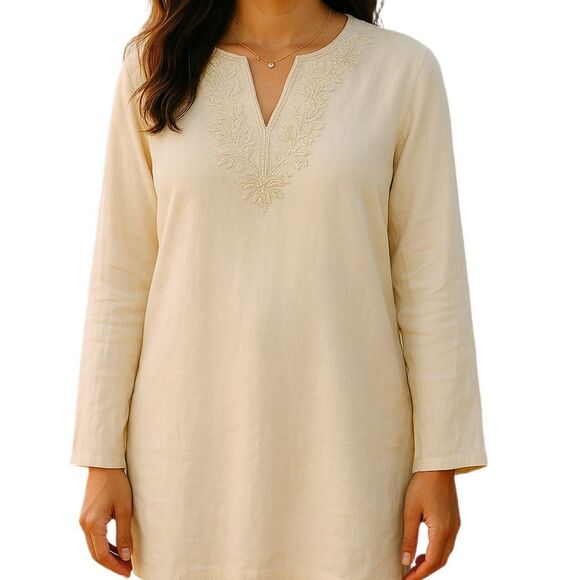 Lands’ End size M/P 10-12 ivory linen  floral beaded neckline boho festival - Picture 1 of 6